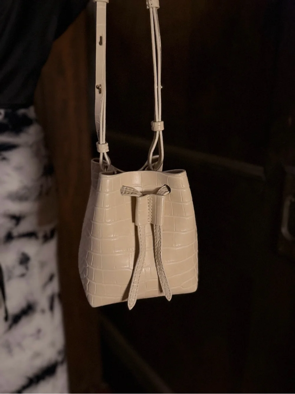 Nanushka - Beige Croc Embossed Faux Leather Mini Bucket Bag